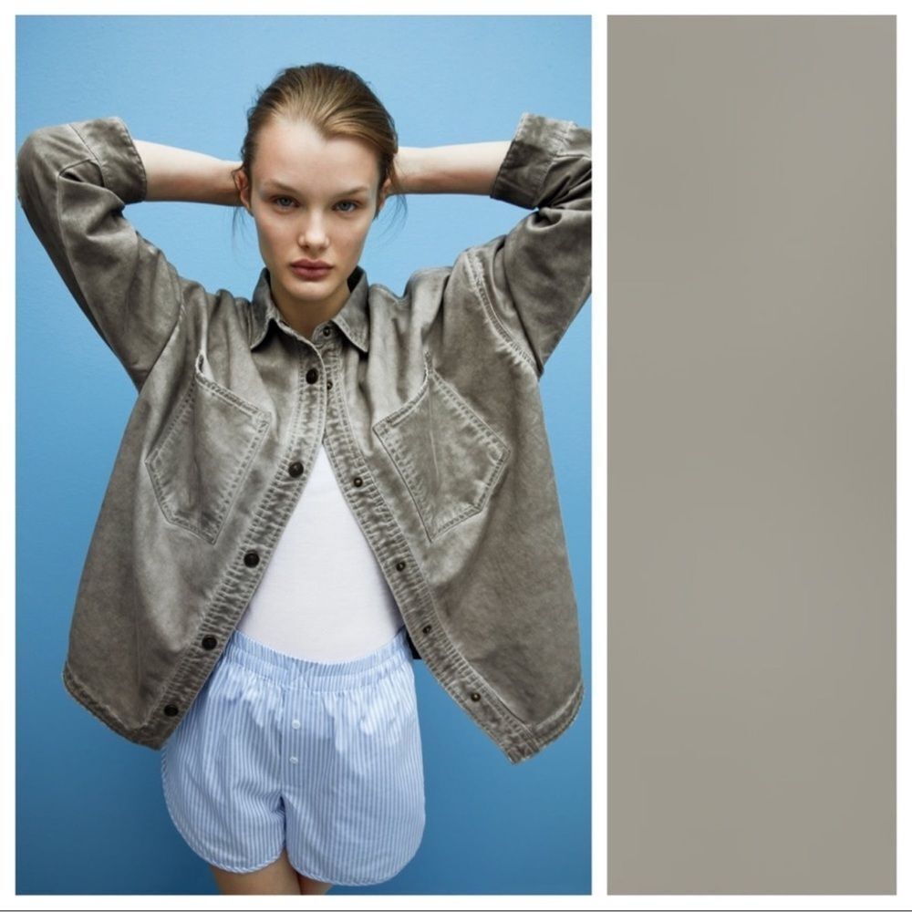 Zara Grey Faded Effect Overshirt Snap Front Denim Shirt Oversized Small Shacket